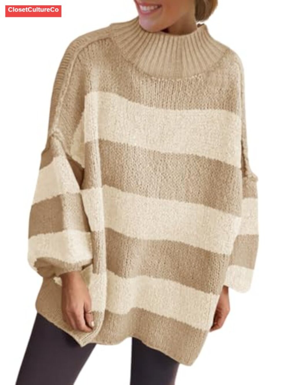 Oversized Striped Chunky Knit Mock Neck Sweater Pullover